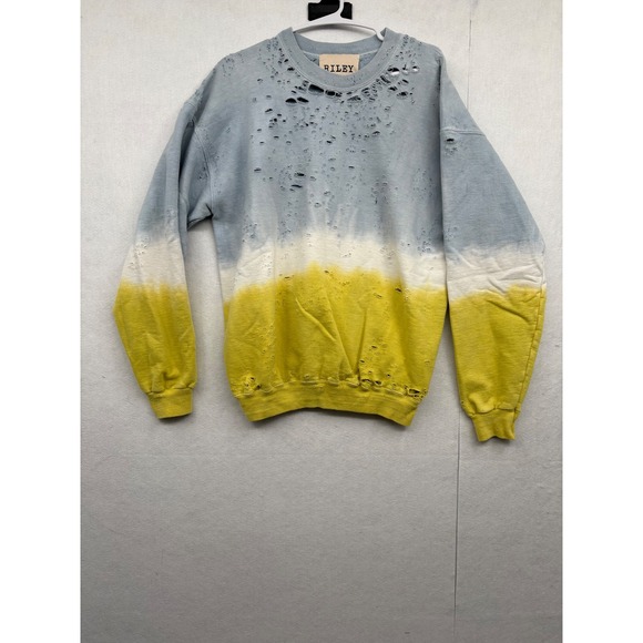RILEY Distressed Tie Dye Sweatshirt Light Blue Yellow White Pullover Top M - Picture 2 of 6